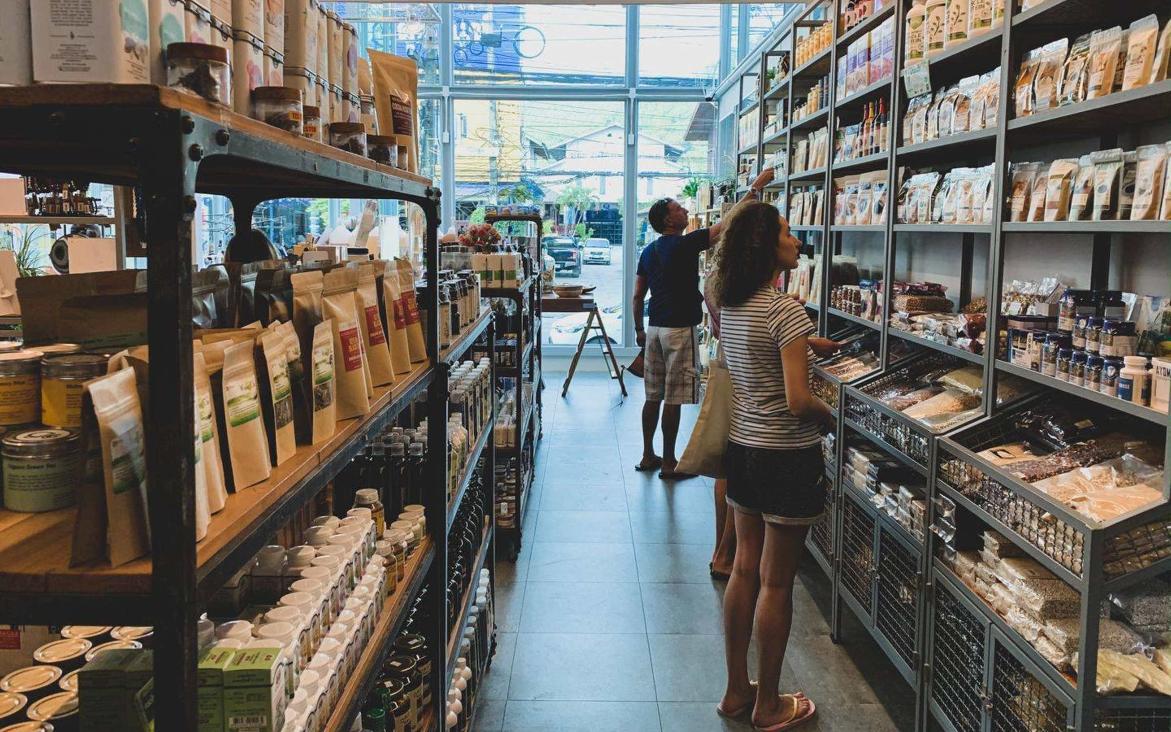 Shelves of natural and organic personal care at Samui Health Shop by Lamphu